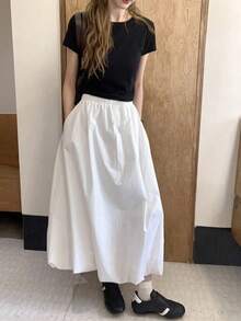 Spring/Summer White Casual Girl Style Textured Bud Mid-Length A-Line Skirt Versatile Daily Wear - White - View 6