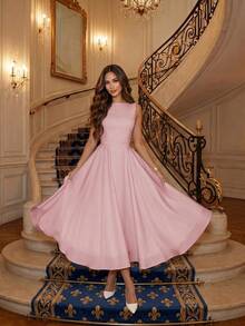 Elegant Casual Minimalist French Style Sleeveless Backless Cinched Waist Flared Dress, Suitable For Campus, Daily, Date, Vacation, Commute, Holiday Party Outfits - Pink - View 6