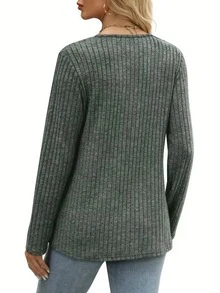 Women's Casual Long Sleeve V-Neck Button-Up Sweater Shirt, Autumn/Winter Fashion Pullover Top - Green - View 2