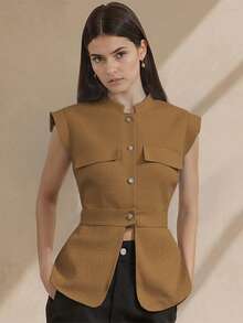 Women's Solid Color Casual Versatile Daily Wear Vest Jacket - Coffee Brown - View 4
