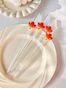 4/7PCS Maple Leaf Decor Curved Glass Straw, Chic Autumn Table Accent For Women's Gifting, Compatible With Afternoon Tea, Bubble Tea And Fruit Juice For Thanksgiving Family Reunion Layouts. - View 5