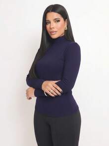 Basic Polyamide Blouse, Long Sleeves With Thumb Loops, High Neck. Second Skin, Plus Size/Slim. - 藏蓝色 - 查看 6