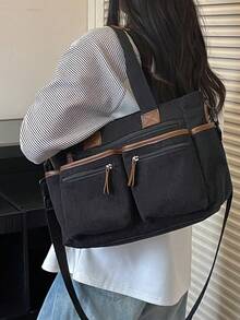 1件多用途大容量多口袋蝴蝶結圖案托特包，適合旅行、購物、度假，可收納筆電、教科書、衣物 - 黑色 - 查看 5