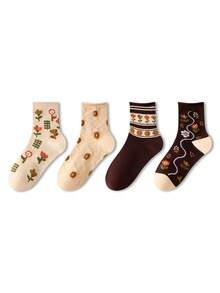 ZUJO 4 Pairs Women's Mid-Calf Socks In Maillard Color Palette, Floral Pattern, Soft And Breathable, Suitable For Spring, Autumn, Winter Daily Wear - Multicolor - View 5