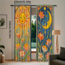 2pcs Bohemian Vintage Tarot Sun Moon Floral Print Semi-Sheer Curtains, 90GSM Polyester Semi-Sheer Privacy Protection, Easy Installation, Quick Dry, Washable And Fade-Resistant, Lightweight Removable Curtains, Suitable For Home, Room, Kitchen And Other Partitions Or Decoration - Multicolor - View 9
