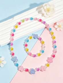 2pcs/Set Children's Sweet Cute Heart-Shaped Beaded Necklace & Bracelet Jewelry Set, Suitable For Holiday Parties, Birthday Gifts, Daily Wear - one-size - View 2