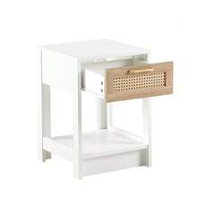 Rattan Side Table With Drawer, Modern Bedside Table, Side Table For Living Room, Bedroom, Natural Wood Look - H55/W40/D40 Cm - 白色 - 查看 9