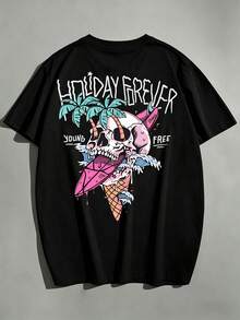 1pc Plus Size Men's Round Neck Short Sleeve Skull Ice Cream Palm Tree Print T-Shirt, Summer Casual Daily Wear Top, Loose Fit, Plus Size, Size Recommendation Details In Main Image, Please Check Size Before Ordering To Avoid Fit Issues!!! - Black - View 7