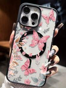 1PC Pink Minimalist Floral Vine Butterfly Pattern Phone Case Compatible With 17Promax/16Pro/15plus/14Pro/13Promax/12/11 Transparent Fashionable Protective Cover For Women - Multicolor - View 3