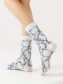 5 Pairs Random Assorted Unisex Black & White Base Multi-Color Line Cat Print Mid-Calf Socks, Skin-Friendly, Durable, Comfortable, Breathable, Korean Cute Style, Suitable For Daily Wear, Home, Commute, Holiday Gift - Multicolor - View 6