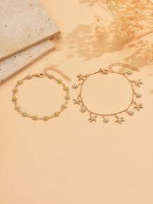 2pcs Summer Sweet Daisy Decor Anklet With Starfish Tassel Anklet, Fashionable Popular Girls Multi-Layer Stackable Foot Jewelry, Suitable For Daily Wear, Beach Vacation, Party And Date, Handmade Chain Cut By Length, Flower And Starfish Arrangement Order And Number Are Random - Multicolor - View 2