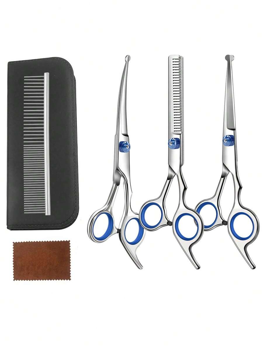 6pcs Set Sharp & Durable Pet Grooming Scissors, Professional 4-In-1 Dog & Cat Grooming Scissors Set With Safety Round Tips, Suitable For Dog & Cat Grooming, Includes Straight Scissors, Curved Scissors, Thinning Scissors And Comb - View 1