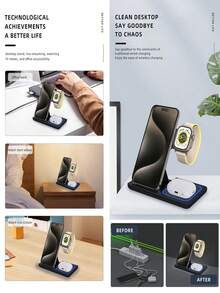 Foldable 3-In-1 Wireless Charging Station, 15W Fast Multi-Device Charger. Dual-Angle Stand Supports Horizontal And Vertical Layouts For Convenient Video Viewing. Compact Foldable Design Suitable For Desk, Bedroom, Office And Travel. Compatible With All Qi Wireless Phones, Smartwatches And Bluetooth Earphones. Sensitive Coil Provides Stable Power. Lightweight ABS Shell With Ambient Light, Say Goodbye To Cluttered Charging Cables. - White - View 7