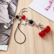 1pc Handmade Beaded DIY Sweet Cool Style Cherry Phone Chain Black Bow Knot Star Pendant Anti-Loss Lanyard Keychain Bag Charm CCD Lanyard - Multicolor - View 2