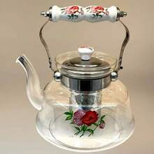 Chaleira de Vidro c/ Infusor - Estampada - 1 Litro - Pode ir ao Fogo - Chá Café Água Bebidas - Alça de Inox - Transparente - Visão 6