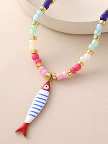 Fashionable Stainless Steel Colorful Small Fish Pendant Necklace Bohemian Style Colorful Pearl Collar Chain For Women - Multicolor - View 6
