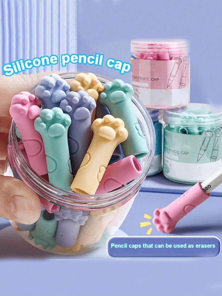 12 PCS Random Colors Cute Cat Paw Erasers, Pencil Caps With Holder, Durable PP Material, Suitable For School - Compatible With Pen, First Day Of School