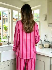 Nina Bonheur 2pcs Women Loose Comfortable Breathable Long Sleeve Top And Long Pants Pajama Set - Hot Pink - View 4