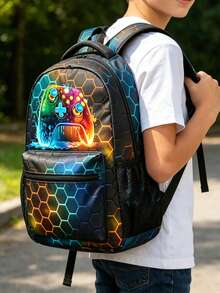 Mochila escolar para estudiantes - Mochila con patrón de videojuegos para adolescentes de escuela secundaria - Mochila casual de 16 pulgadas para videojuegos y viajes - Multicolor - Ver 2