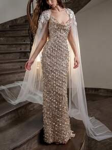 Pearl Long Cape Bridal Shoulder Veil Wedding Accessory - Multicolor - View 4