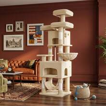 HaluPeit Short Furry Cat Climbing Frame With Sturdy Design, Including 8 Natural Sisal Columns, Double Cat House+Suspended Hammock, Suitable For All Cat Breeds And Multi Cat Households - Beige - View 2