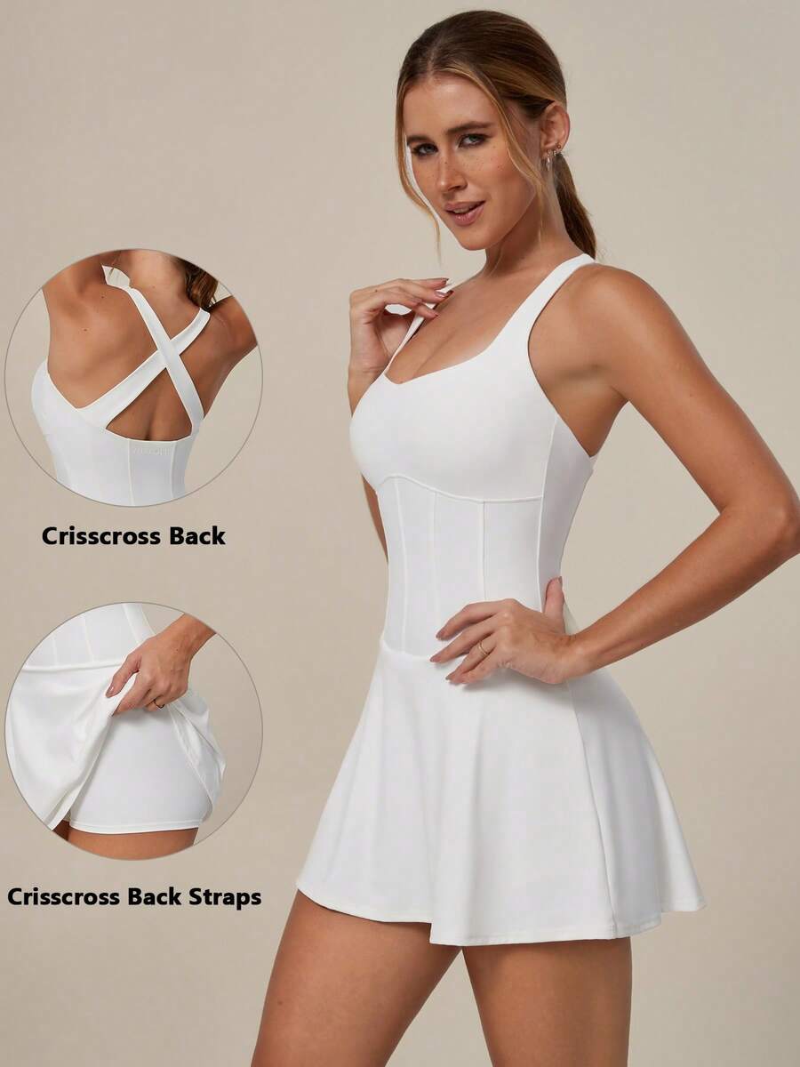 TimeOff 1pc Women's Lace Halter Backless Slit Dress With Lining And Pockets, Anti-Flashing Design Sports - White - View 1