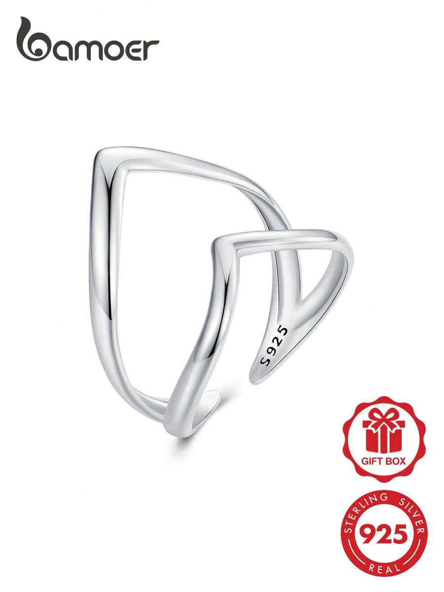 bamoer 1枚925纯银朋克风V形开口戒指,可调节双层简约优雅女士首饰 - 銀色 - 查看 1
