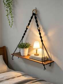 1pc Hanging Wall Shelf Boho Black Rope Floating Shelf With Wood Beads, Minimalist Wooden Storage Rack For Plants, Aromatherapy, Decor Sturdy Wall Mounted Display For Living Room BedroomEntryway - Black - View 4