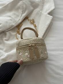 Tas Tangan Silinder Anyaman Bunga Lembut Gaya Prancis, Tas Mini Selempang Rantai untuk Acara Malam, Kotak Kosmetik - Khaki - View 8