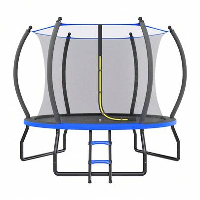 Indoor Outdoor Trampoline For Teenagers, 8FT/10FT/12FT/14FT/15FT/16FT With Safety Enclosure Net, Pop-Up Quick Connector Frame, Basketball Hoop Optional, Includes Ladder, Blue/Black Backyard Jumping Trampoline