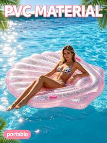 1pc Pink Sequin Material Adult Inflatable Faux Pearl Oyster Shell With Handle Beach Float Sofa Mattress, Pool Inflatable, Beach Essential, Pool Float, Summer Beach Pool Supplies - Multiple Styles - View 2