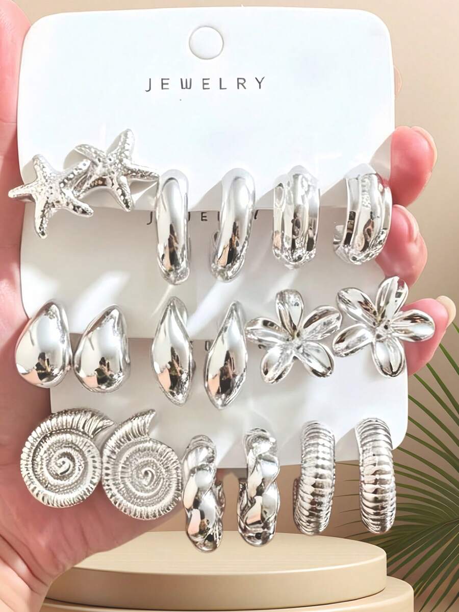 Cool Silver Ocean Series Earring Set, High-End Starfish & Flower Earring Set - Silver - View 1