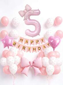 34 Stücke Rosa Geburtstags Party Dekorationen, einschließlich 40 Zoll 0-9 Zahlen Folienballons, große Schleifenballons, 18 Zoll Herz & Stern Ballons, Happy Birthday Banner, Schleifendruck Latexballons, geeignet für Geburtstagsfeier, Babyparty, Themenparty Dekoration - Pink - Übersicht 4