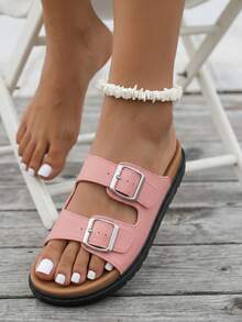 Women Comfort Slide Sandals With Double Buckle Straps, Open Toe Flat Shoes, Lightweight Casual Slippers For Summer Daily Outfits - Nude Pink - View 5