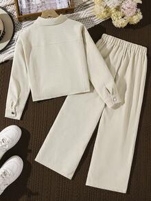 Left Mama Girls' Casual Versatile Long Sleeve Jacket & Straight Leg Pants Set, Spring/Autumn - Apricot - View 2