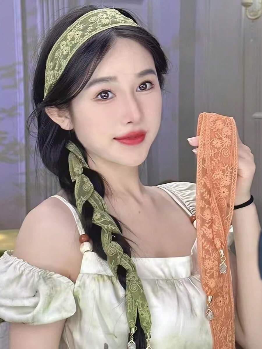 1pc Vintage Floral Daisy Embroidered Lace Headband, French Style Soft Ribbon Hair Tie, Spring Summer Versatile Atmosphere Braided Hair Ribbon Hair Accessory For Travel And Photography