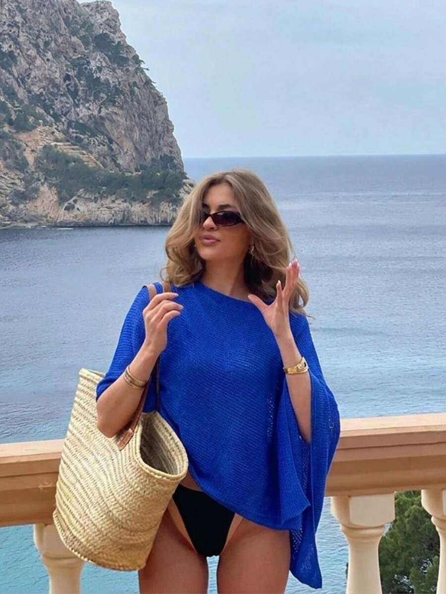Drape-Neck Sheer Knit Poncho Beach Cover-Up Shawl - Navy Blue - View 1