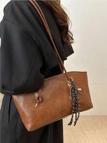 Dedoo 1pc New Coffee Color Bowling Bag, Autumn/Winter Vintage Style, Suitable For Commuting/Student Use (Pendant Not Included) - Brown - View 7