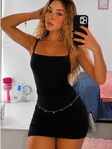 Spaghetti Strap Dress, Open Back, Bodycon, Fitted, Tie Neckline, Open Back - Black - View 2