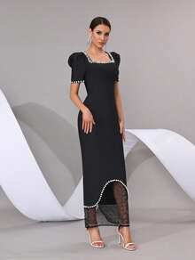 Fashionable Slim Fit Short Puff Sleeve Maxi Dress, Pearl Embellished Square Neck, Sheer Lace Hem, Suitable For Formal Events, Wedding Guests, Parties - Black - View 7