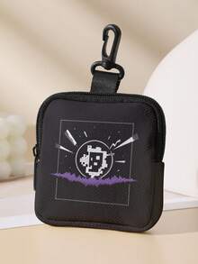 Double-Sided Dark Theme Print Mini Coin Purse, Portable Multi-Function Small Bag, Suitable For Earphones, Keys, Cards, Cosmetics And Small Items - Black - View 10