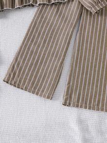 Left Mama Girls Casual Minimalist Bowknot Striped Long Sleeve Top & Straight Leg Pants Set, Spring/Autumn - Brown - View 8