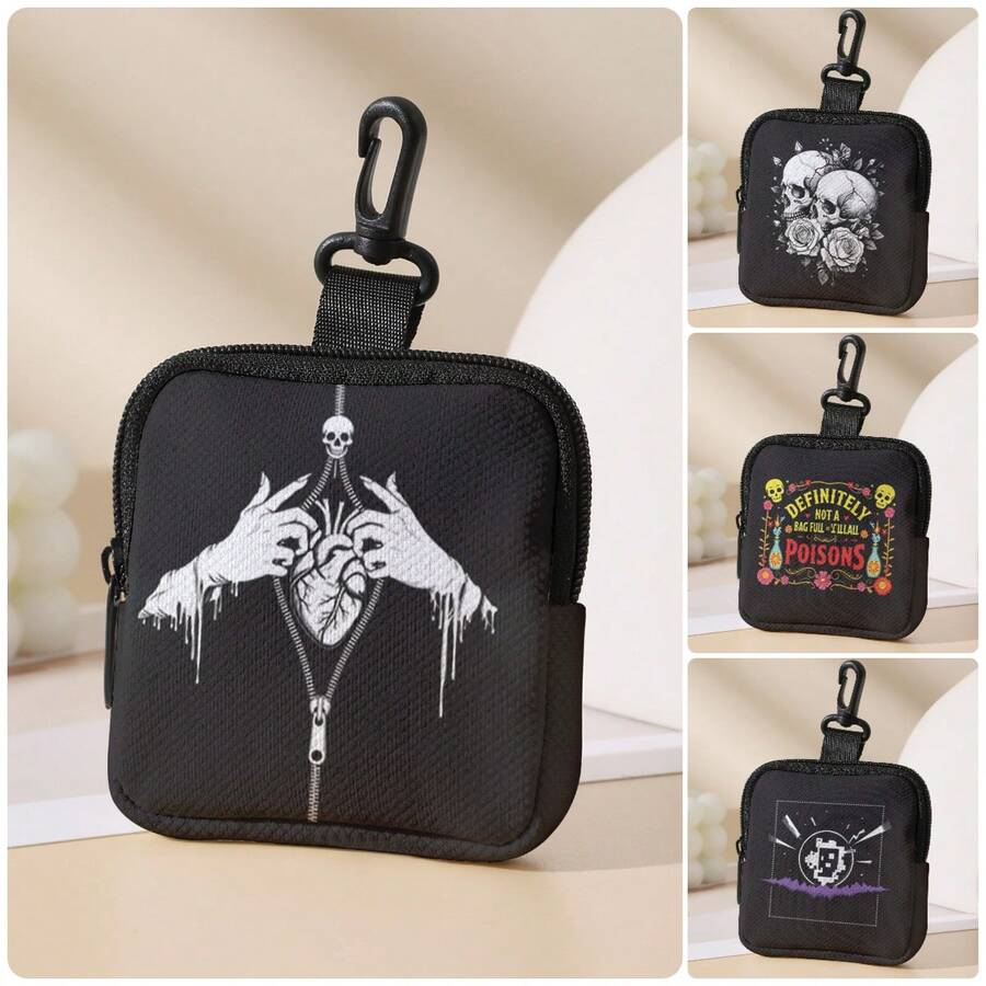 Double-Sided Dark Theme Print Mini Coin Purse, Portable Multi-Function Small Bag, Suitable For Earphones, Keys, Cards, Cosmetics And Small Items - Black - View 1