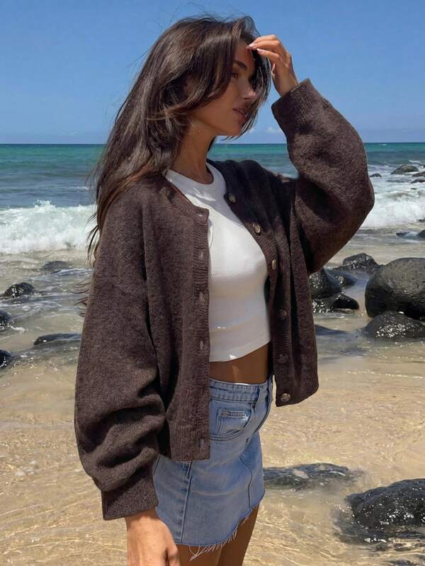 Women's Autumn/Winter Dark Brown Round Neck Single-Breasted Long Sleeve Knit Cardigan, Elegant Casual Street Daily Commute Office Jacket