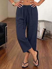 Women's Summer Lightweight Breathable Casual Pants With Elastic Waist Drawstring Loose Drape Relaxed Fit Versatile Fashion Wide Leg 7/8 Length Pants - Navy Blue - View 5
