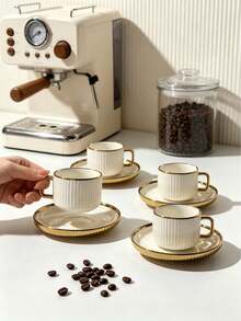 6pcs/1set Luxury Gold Rim 90ML/3.OZ Ceramic Tea Set, Includes Coffee Cup And Saucer, (Iron Rack Not Included)/Espresso, Dishwasher . Perfect For Home Kitchen, Tabletop Decor, Afternoon Tea, Coffee Drinking, Personalized Gift, Kitchen Accessories, Ramadan, Party, Birthday, Wedding And Dinner. Valentine's Day Gift For Him, Valentine's Day Gift (Iron Rack Not Included) - Multicolor - View 9