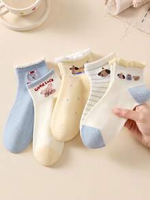 5 Pairs Women's Cute Sweet Breathable Cartoon Puppy Striped Pattern Short Invisible Socks, With Ruffle Ankle Socks, Boat Socks, Ruffle Socks, White Socks, Yellow Socks, Student Socks, Random Color, Suitable For Daily Casual, Suitable For Spring And Summer Seasons, All Season Wear - Multicolor - View 4