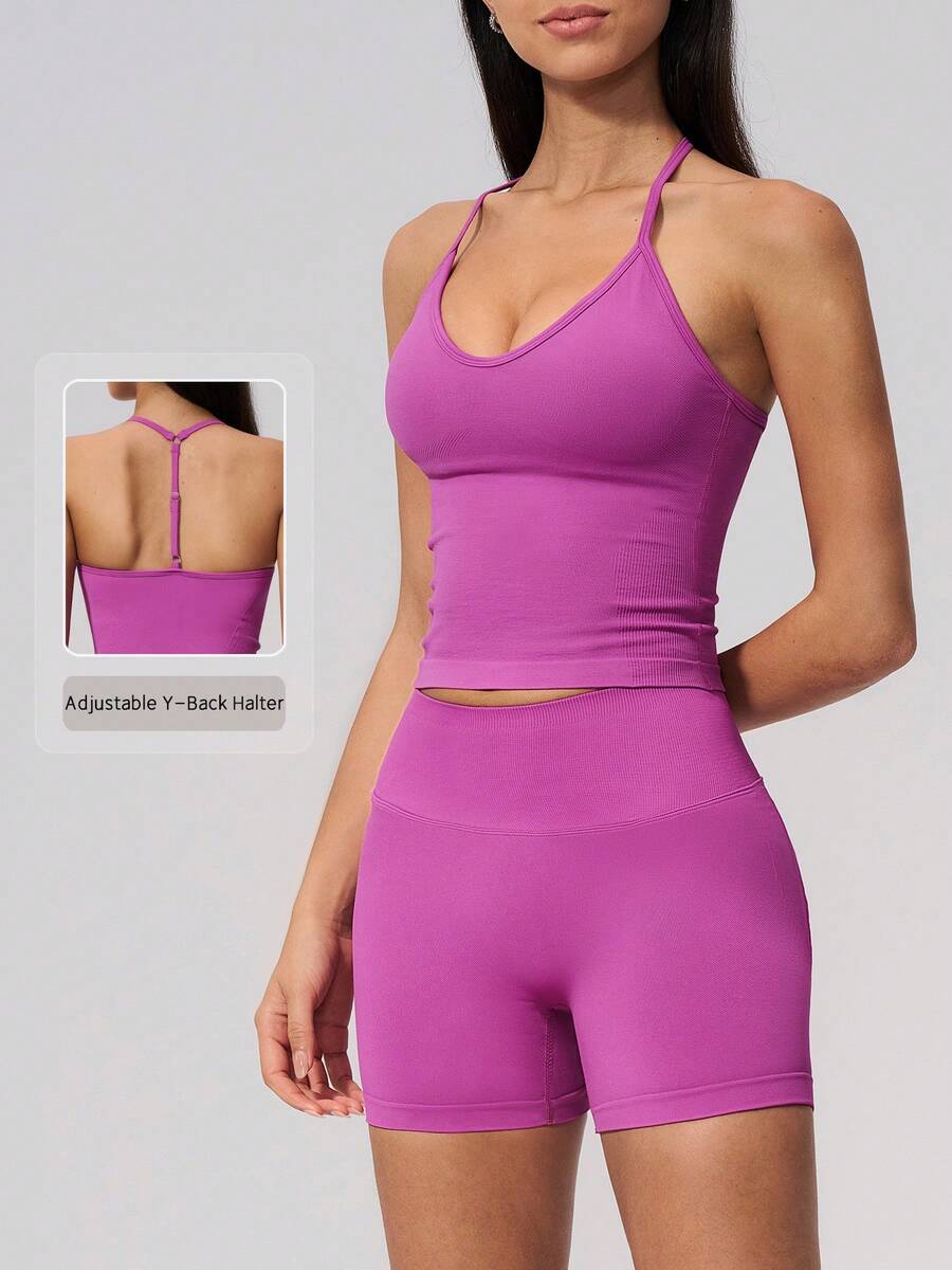 NcmRyu Conjunto deportivo de mujer de un solo color con espalda en Y, hebilla de metal ajustable, tirantes finos, shorts de cintura alta acanalados - Rojo violeta - Ver 1