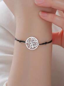 LIKGREAT 1pc Men's Fashion Vintage Pentagram Hollow Round Charm Adjustable Red & Black Braided Bracelet, Minimalist Couple Niche Versatile Hand Accessory - Bracelet Series - View 5