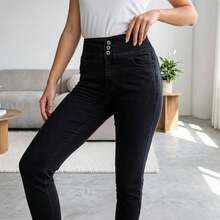 High-Waisted Black Denim Pants –Triple Button Closure, Stretch Fabric - Dark Wash - View 4